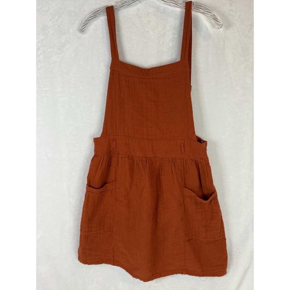 Very J Rust Orange Cotton Gauze Pinafore Dress Apron Mini Pockets L